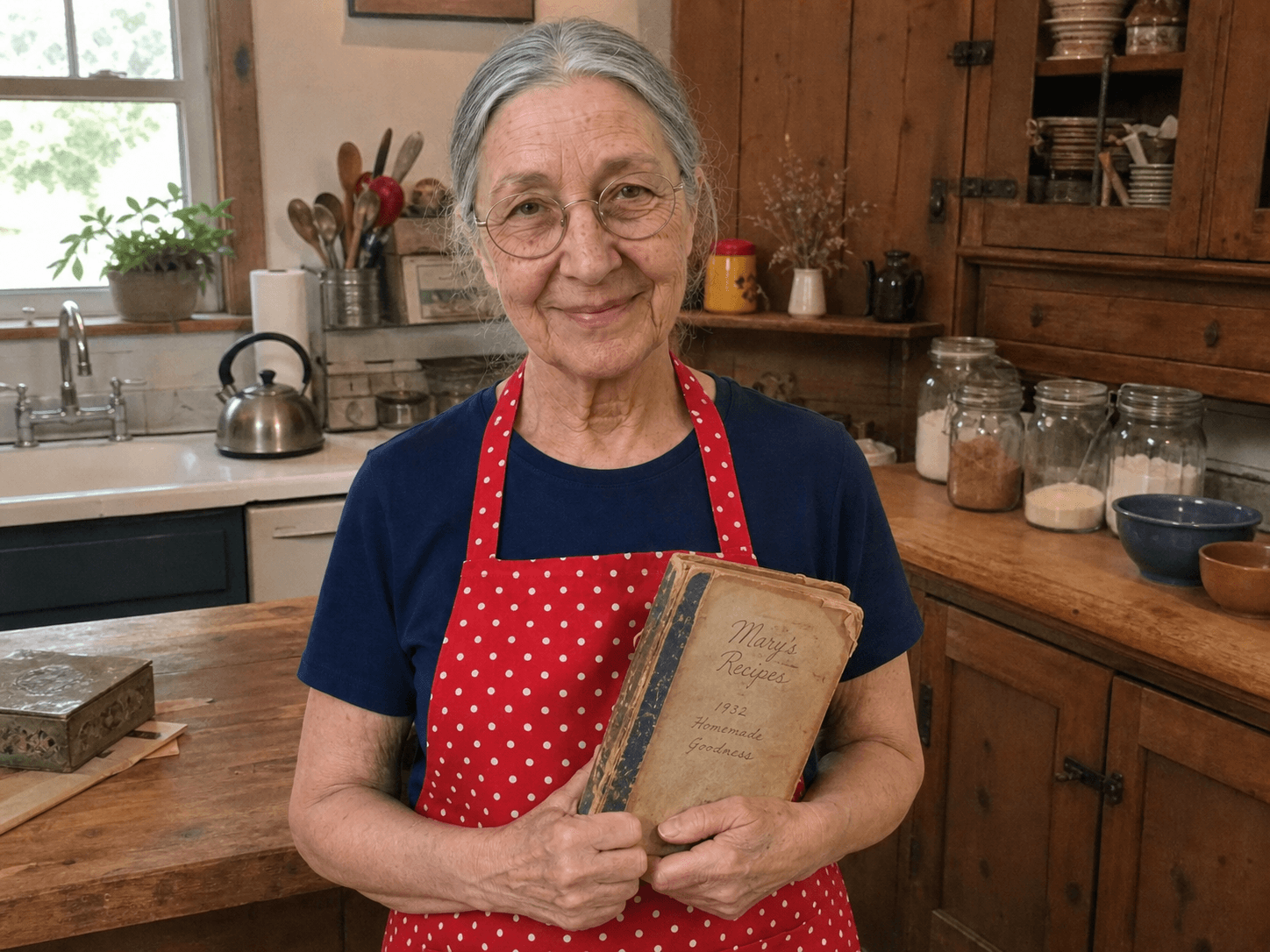 Martha holding a worn, old recipe book in her farmhouse kitchen
